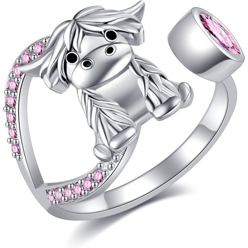 Sterling Silver Personalized Birthstone Highland Cow Open Ring for Women