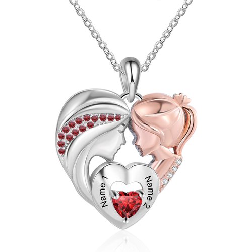 Sterling Silver Cubic Zirconia Personalized Engraving & Mother & Daughter & Heart Pendant Necklace