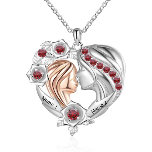 Sterling Silver Round Red Cubic Zircon Mother With Daughter Personalised Engraving With Birthstone Pendant Necklace For Women