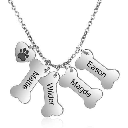 Sterling Silver Personalized Engraving Paw & Bone Pendant Necklace