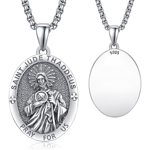 Sterling Silver Personalized Engraving & Saint Jude Pendant Necklace with Engraved Word
