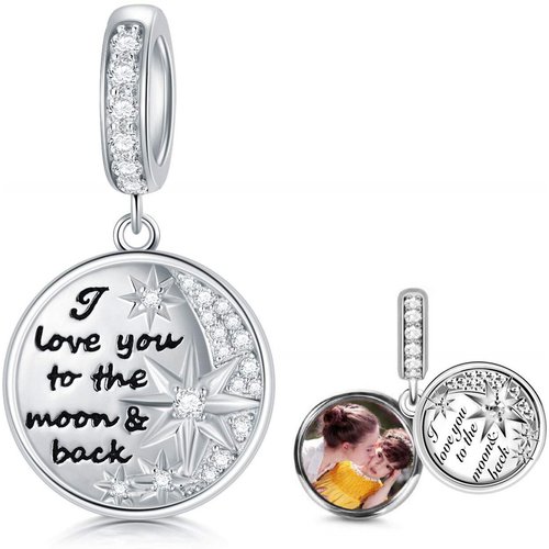 Sterling Silver Personalized Photo Dangle Charm with Engraved Word