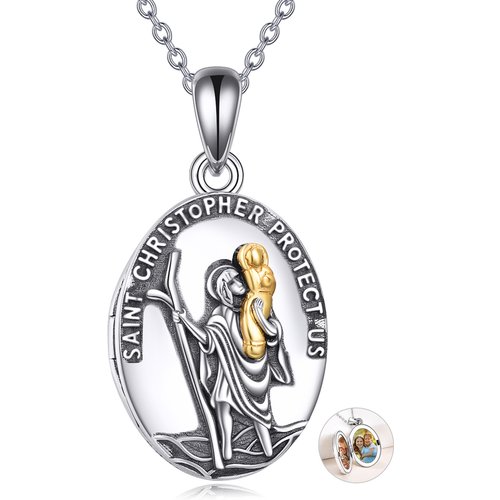 Sterling Silver Saint Christopher Personalised Photo Locket Necklace For Women