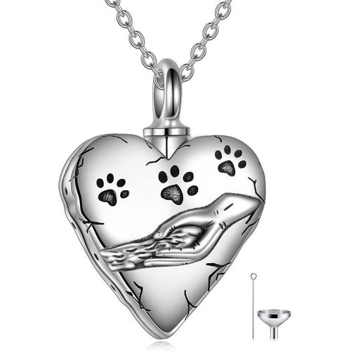 Sterling Silver Pet Paw & Heart Urn Necklace for Ashes with Engraved Word