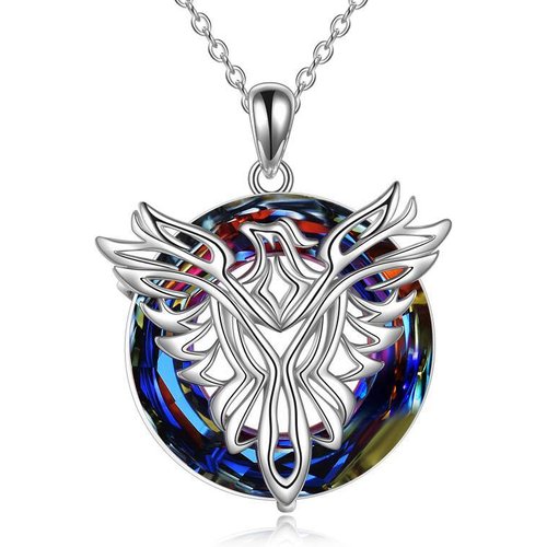 Sterling Silver Phoenix Circular Shaped Purple Crystal Pendant Necklace