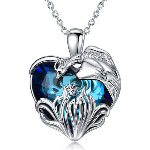 Sterling Silver Phoenix & Heart Crystal Pendant Necklace