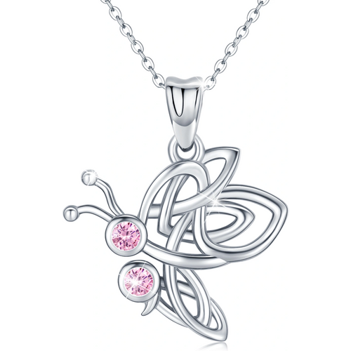 Sterling Silver Pink Cubic Zirconia Celtic Knot Butterfly Pendant Necklace for Women