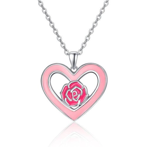 Sterling Silver Pink Heart & Rose Pendant Necklace