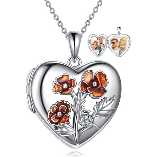 Sterling Silver Poppy Flower Heart Personalized Photo Locket Necklace
