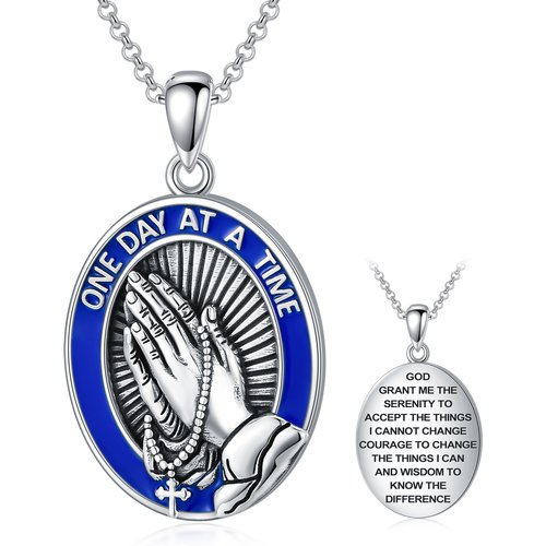 Sterling Silver Prayer Hands Pendant Necklace with Engraved Word