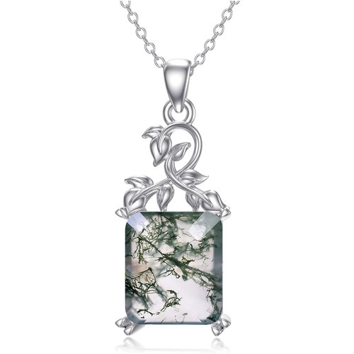 Sterling Silver Princess-Square Agate & Moss Agate Pendant Necklace For Women Best Friends