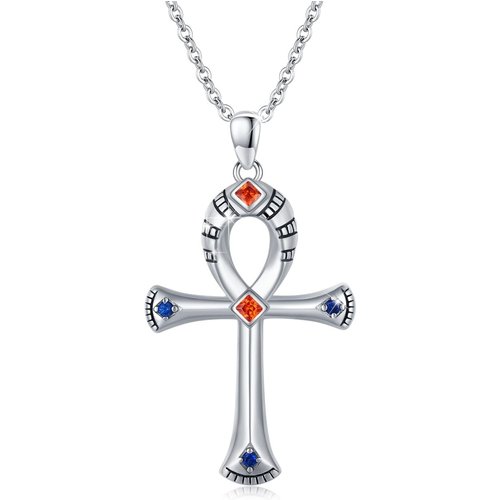 Sterling Silver Princess-square Shaped Cubic Zirconia Ankh Pendant Necklace