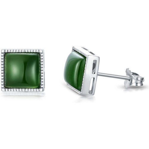Sterling Silver Princess-square Shaped Jade Square Stud Earrings