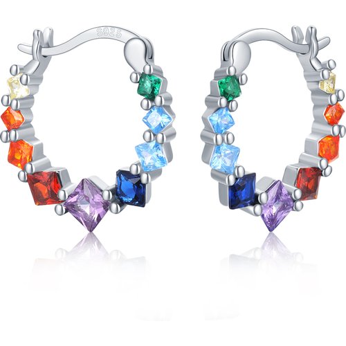 Sterling Silver Princess-square Shaped Cubic Zirconia Rainbow & Round Hoop Earrings