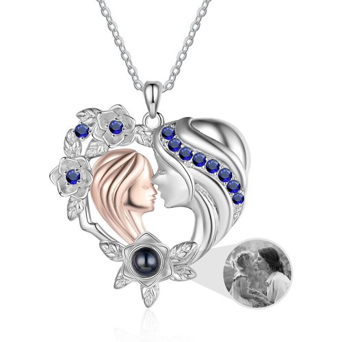 Sterling Silver Heart Blue Cubic Zirconia Projection Stone Personalized Photo Pendant Necklace For Mother Daughte