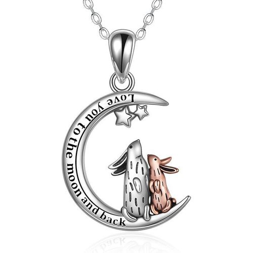 Sterling Silver Two-tone Rabbit & Moon & Star Pendant Necklace with Engraved Word