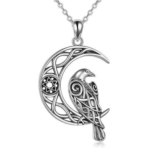 Retro Silver Raven With Celtic Knot Moon Pendant Necklace In Sterling Silver For Women