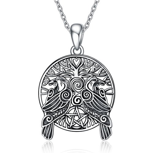 Sterling Silver Raven & Tree Of Life Pentagram Pendant Necklace For Men