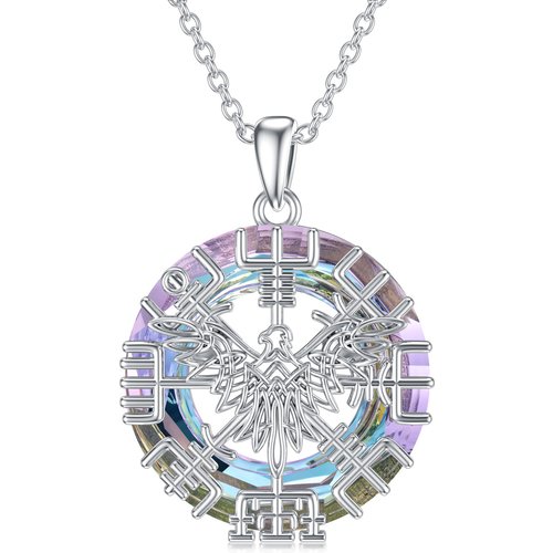 Sterling Silver Raven & Viking Rune Crystal Pendant Necklace