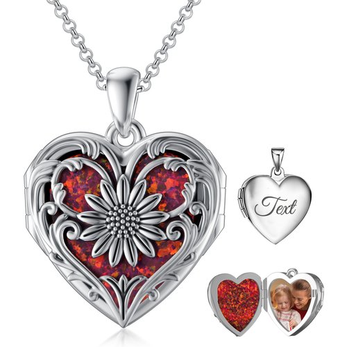 Sterling Silver Heart Opal & Personalized Engraving Sunflower & Heart Personalized Photo Locket Necklace