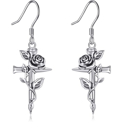 Sterling Silver Rose & Cross Drop Earrings