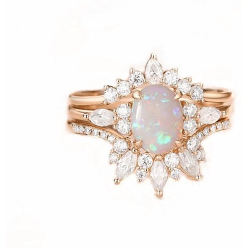 Sterling Silver Rose Gold Plated 1.25CT Oval Opal Moissanite Crown Engagement Ring Set