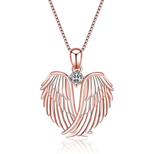 Sterling Silver with Rose Gold Plated Cubic Zirconia Angel Wings Pendant Necklace