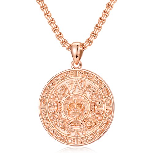 Sterling Silver with Rose Gold Plated Aztec Calendar Pendant Necklace for Men
