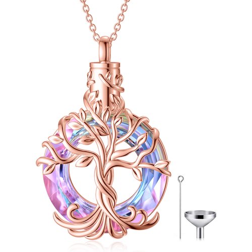 Sterling Silver with Rose Gold Plated Circular Shaped Crystal Tree Of Life Urn Necklace for Ashes