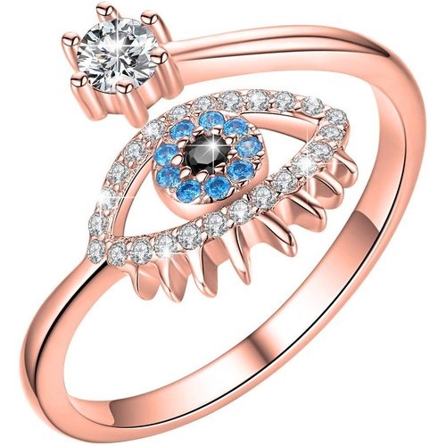 Sterling Silver with Rose Gold Plated Round Shaped Cubic Zirconia Evil Eye Open Ring