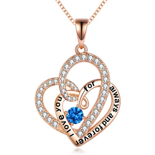 Sterling Silver With Rose Gold Plated Circular Cubic Zirconia Interlocking Hearts Pendant Necklace For Women