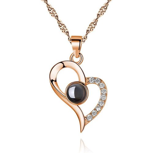 Sterling Silver with Rose Gold Plated Circular Shaped Projection Stone Personalized Photo & Heart Pendant Necklace