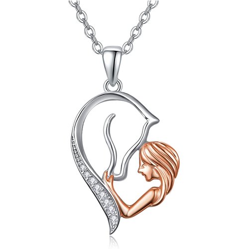 Sterling Silver with Rose Gold Plated Circular Shaped Zircon Horse & Heart Pendant Necklace