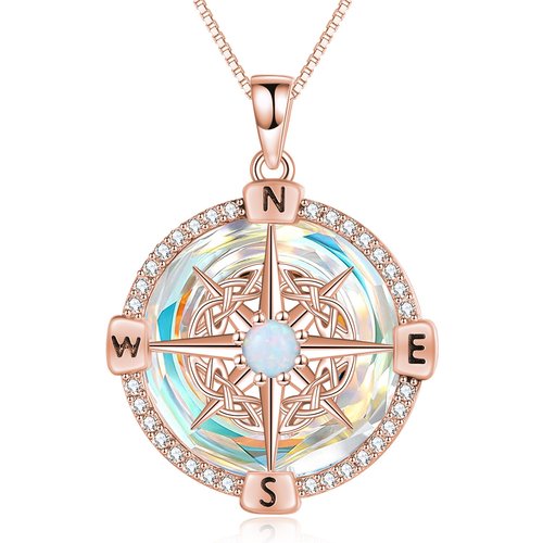 Sterling Silver with Rose Gold Plated Compass Crystal Pendant Necklace