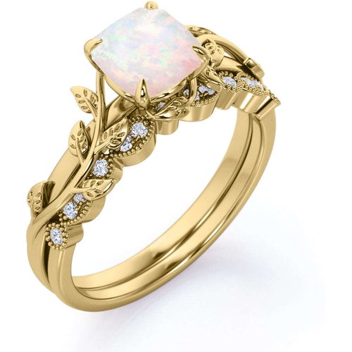 Sterling Silver with Rose Gold Plated Cushion Shape Opal Leaves Wedding Ring