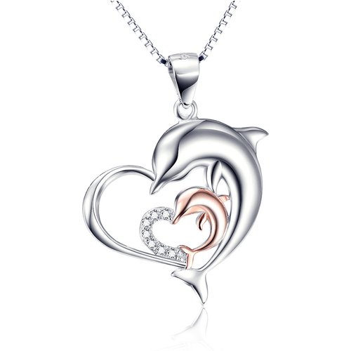 Sterling Silver Two-tone Cubic Zirconia Dolphin & Heart Pendant Necklace