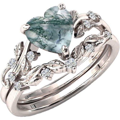 Sterling Silver With Rose Gold Plated Heart Moss Agate Personalised Engraving Ring For Women