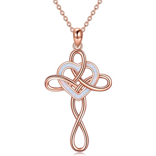 Sterling Silver with Rose Gold Plated Heart Shaped Opal Celtic Knot & Cross Pendant Necklace
