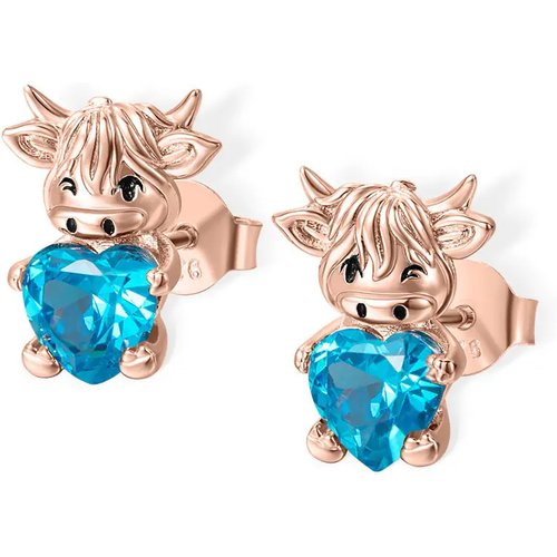 Sterling Silver with Rose Gold Plated Heart Shaped Cubic Zirconia & Personalized Birthstone Highland Cow Stud Earrings