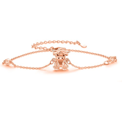 Sterling Silver with Rose Gold Plated Cubic Zirconia Highland Cow Charm Bracelet