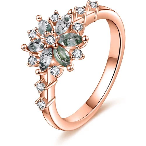Sterling Silver with Rose Gold Plated Marquise Shaped Moss Agate Couple Engagement Ring