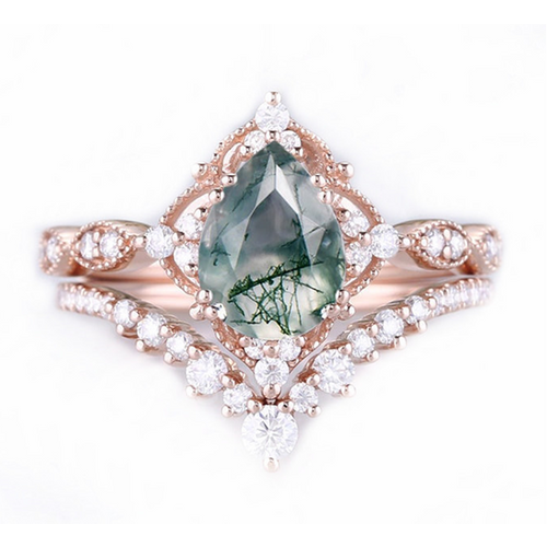 Sterling Silver with Rose Gold Plated Moissanite & Moss Agate Engagement Ring