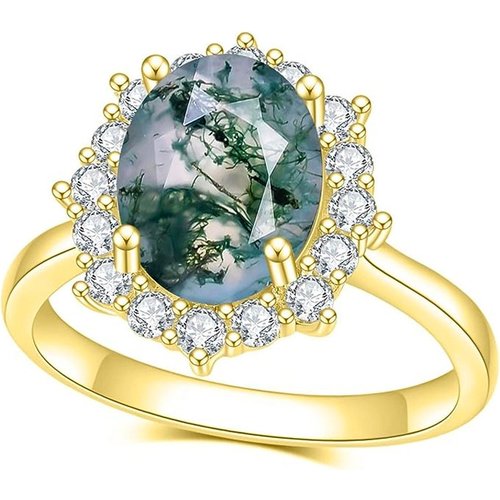 Sterling Silver with Rose Gold Plated Moss Agate Oval Shaped Engagement Ring