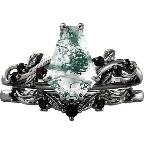 Sterling Silver with Rose Gold Plated Moss Agate Personalized Engraving & Couple Wedding Ring