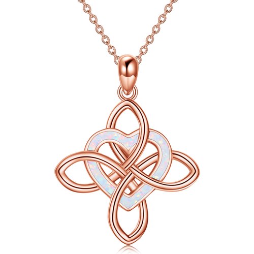 Sterling Silver with Rose Gold Plated Opal Celtic Knot & Heart Necklace for Women