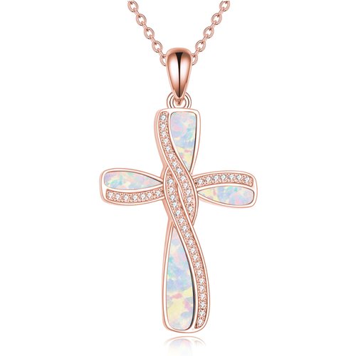 Sterling Silver with Rose Gold Plated Opal Cross Necklace for Women