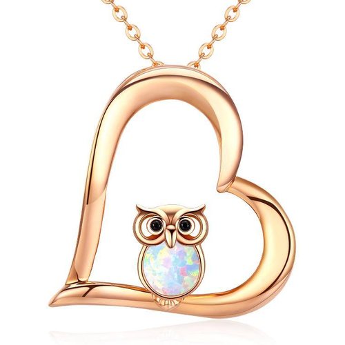 Sterling Silver with Rose Gold Plated Opal Owl & Heart Pendant Necklace