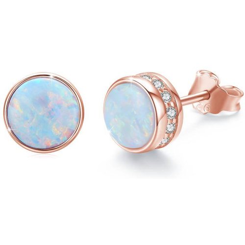 Sterling Silver with Rose Gold Plated Opal Round Stud Earrings