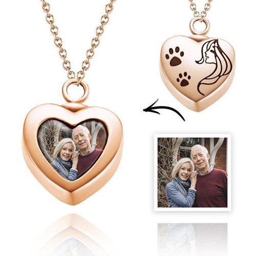 Sterling Silver with Rose Gold Plated Paw & Personalized Photo Urn Necklace for Ashes