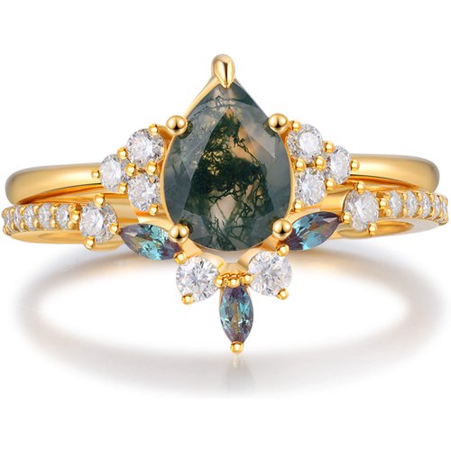 Sterling Silver with Rose Gold Plated Pear Shaped Moss Agate Personalized Engraving Engagement Ring